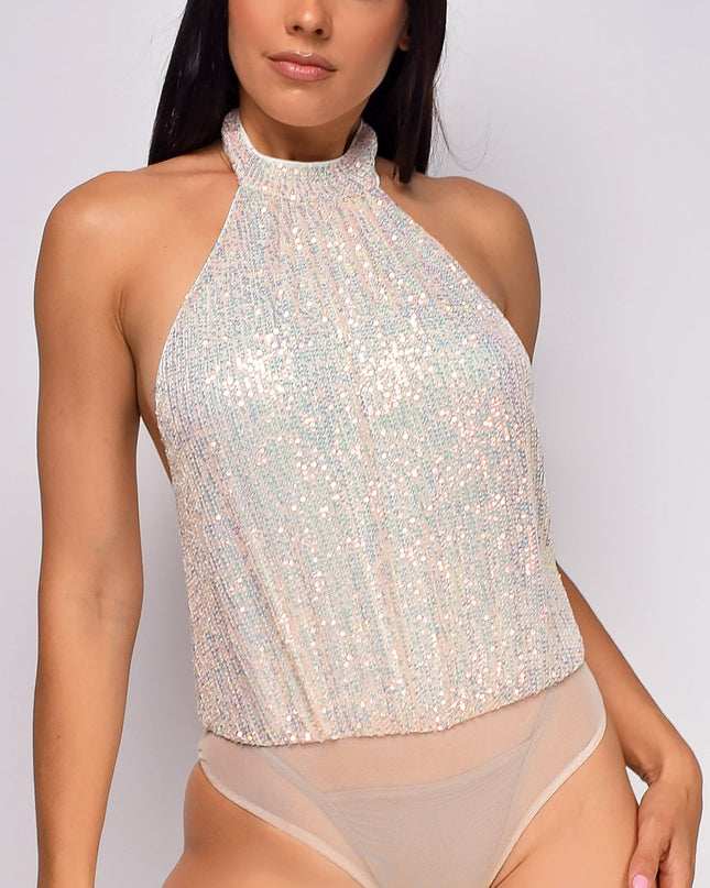 Nude Opal Sequin Halter Open back Bodysuit