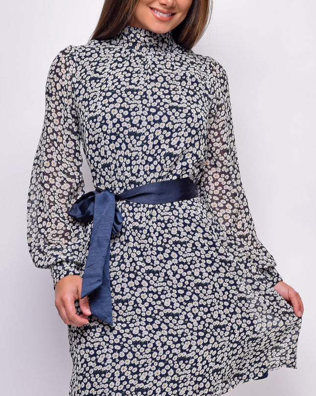 White Navy Floral Mock Neck Waist Tie Mini Dress