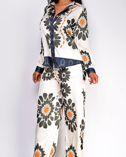 Cream Floral Print Satin Set
