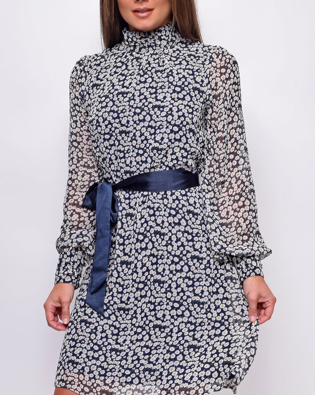 White Navy Floral Mock Neck Waist Tie Mini Dress