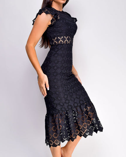 Black Lace Ruffle Midi Dress