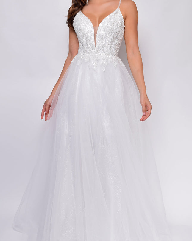 Off-White A-Line Layered Tulle Beaded Applique Bridal Gown