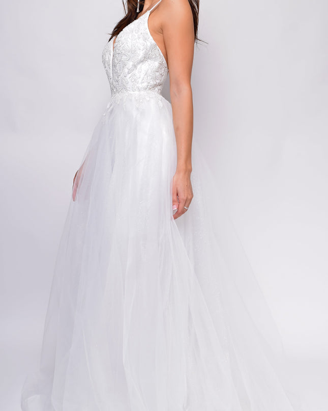 Off-White A-Line Layered Tulle Beaded Applique Bridal Gown