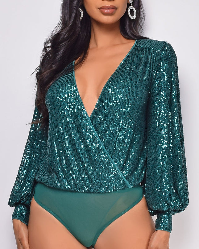 Green Surplice Sequin Bodysuit