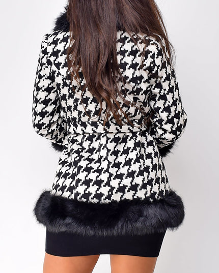 Black Houndstooth Faux Fur Coat