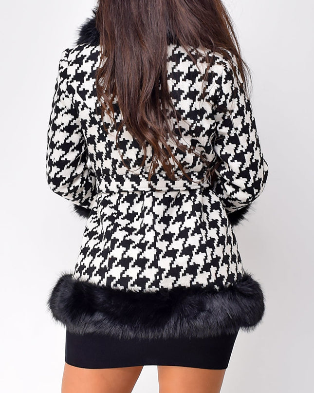 Black Houndstooth Faux Fur Coat
