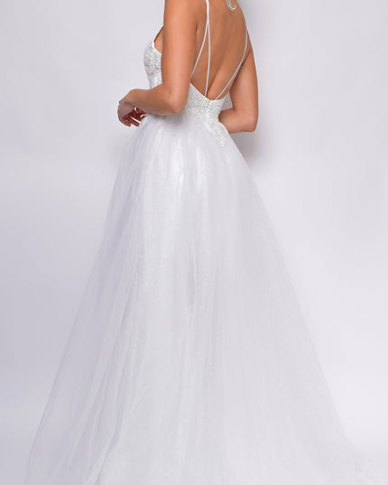 Off-White A-Line Layered Tulle Beaded Applique Bridal Gown