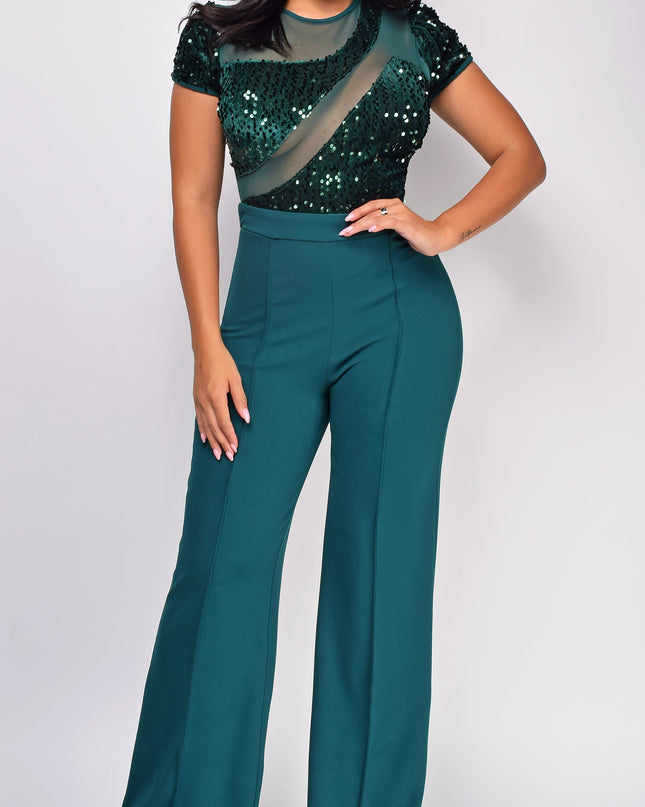 Green Sequin Mesh Short Sleeve Jumpsuit
