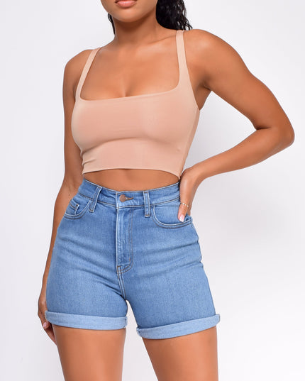Blue High Rise Cuffed Hem Shorts