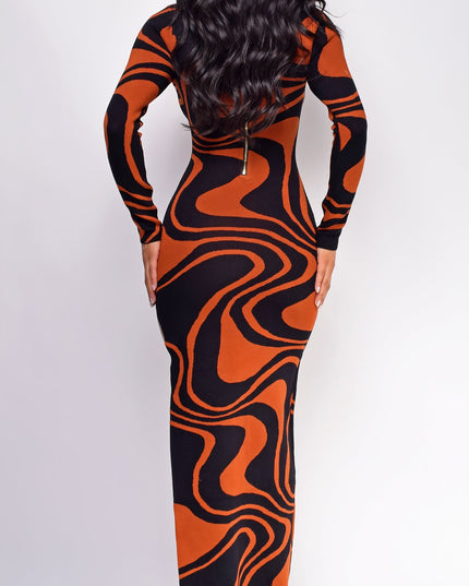 Black Rust Brown Jacquard Side Slit Maxi Dress