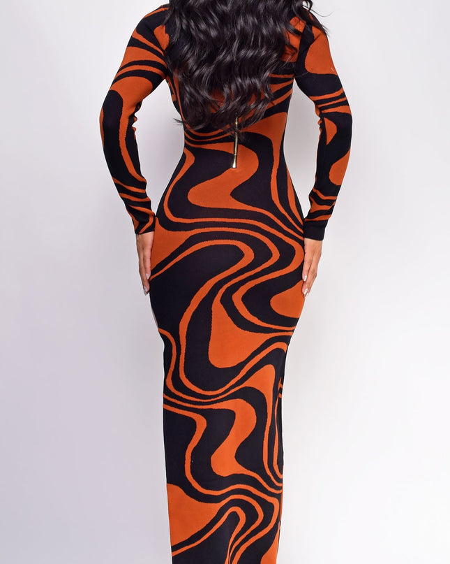 Black Rust Brown Jacquard Side Slit Maxi Dress