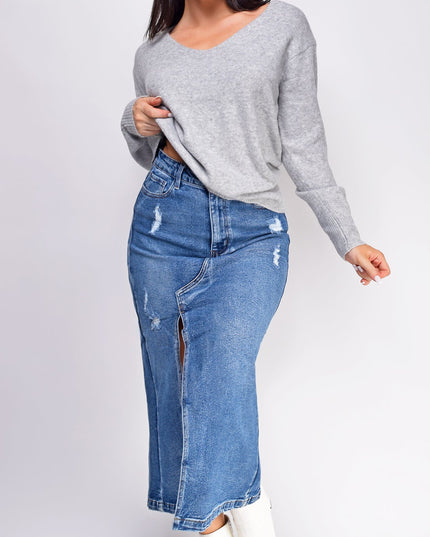 Blue Medium Wash Midi Denim Skirt