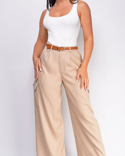 Beige Wide Leg Cargo Pocket Pants