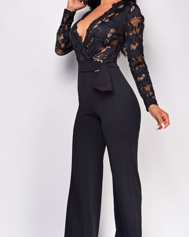 Black Long Sleeve Lace Crochet Jumpsuit