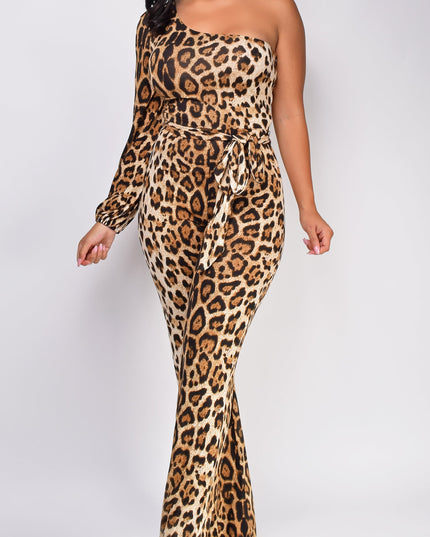 Brown One Sleeve Leopard Print Jumpsuit