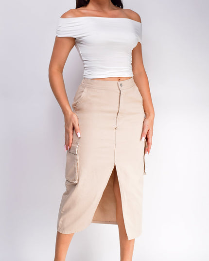 Beige Denim Cargo Midi Skirt