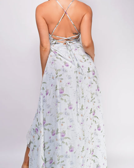 Blue Floral Print Surplice Ruffle Maxi Dress