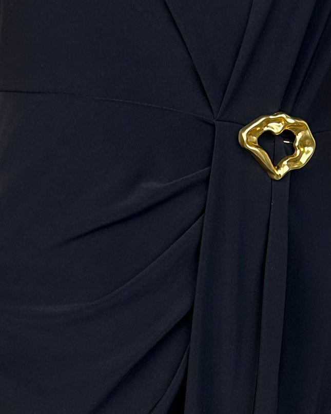 Black Pleated Gold Accent Midi Dress
