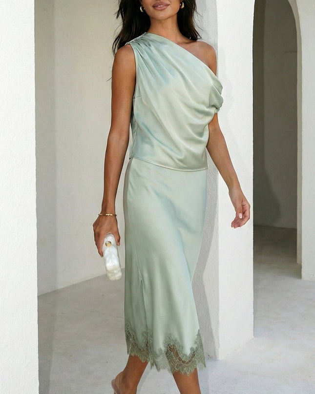 Sage Green Satin Lace Off Shoulder Set