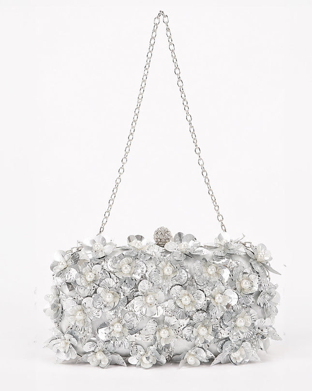 Silver Pearl & Petal Evening Clutch