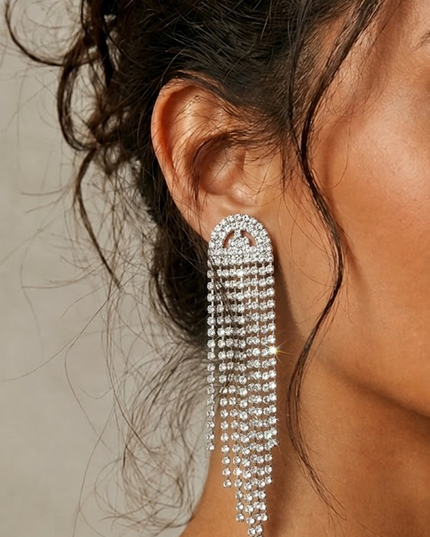 Silver Rhinestone Fringe Drop Earrings