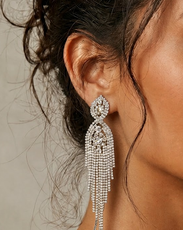 Silver Rhinestone Long Drop Statement Earrings