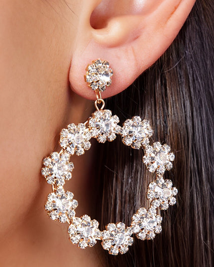 Gold Rhinestone Flower Circle Dangle Earrings