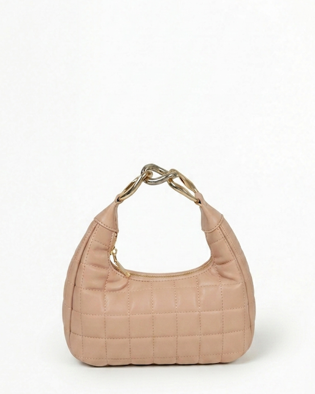 Nude Quilted Faux Leather Hobo Bag