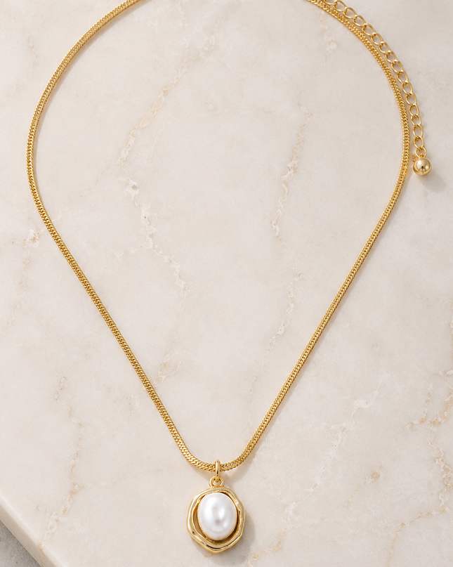 Gold Pearl Herringbone Chain Necklace
