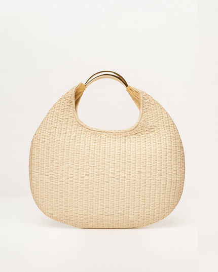 Beige Faux Straw Metal Handle Hobo bag