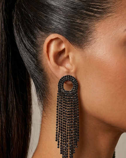 Black Rhinestone Fringe Earrings