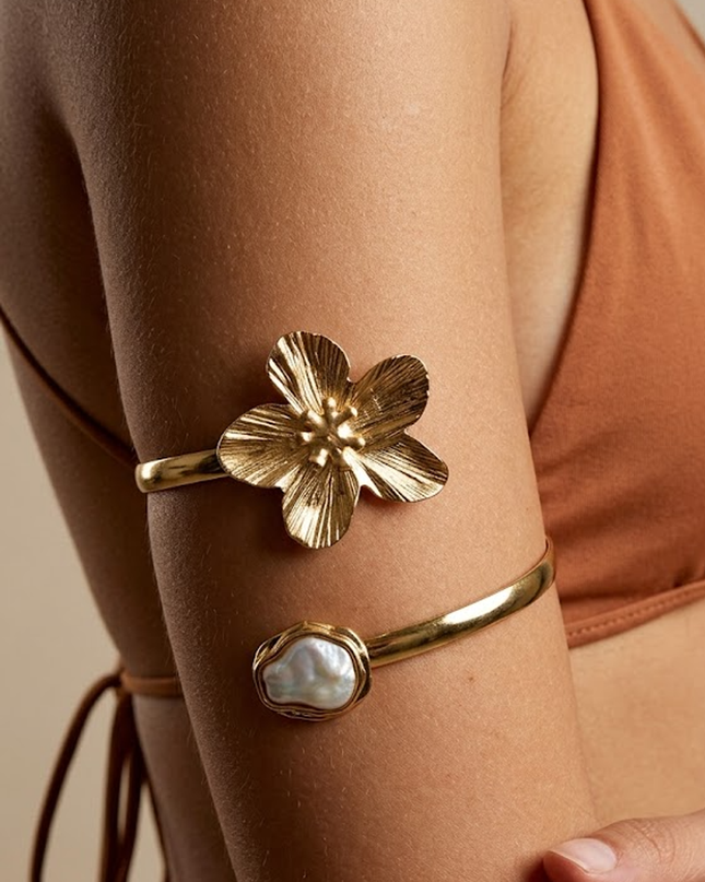 Gold Flower Pearl Arm Cuff Bracelet