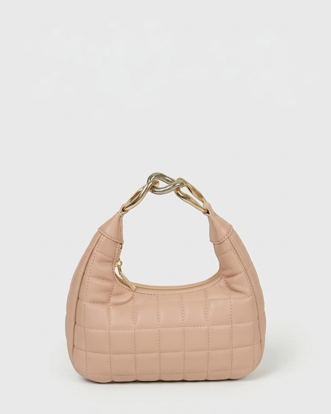 Nude Quilted Faux Leather Hobo Bag