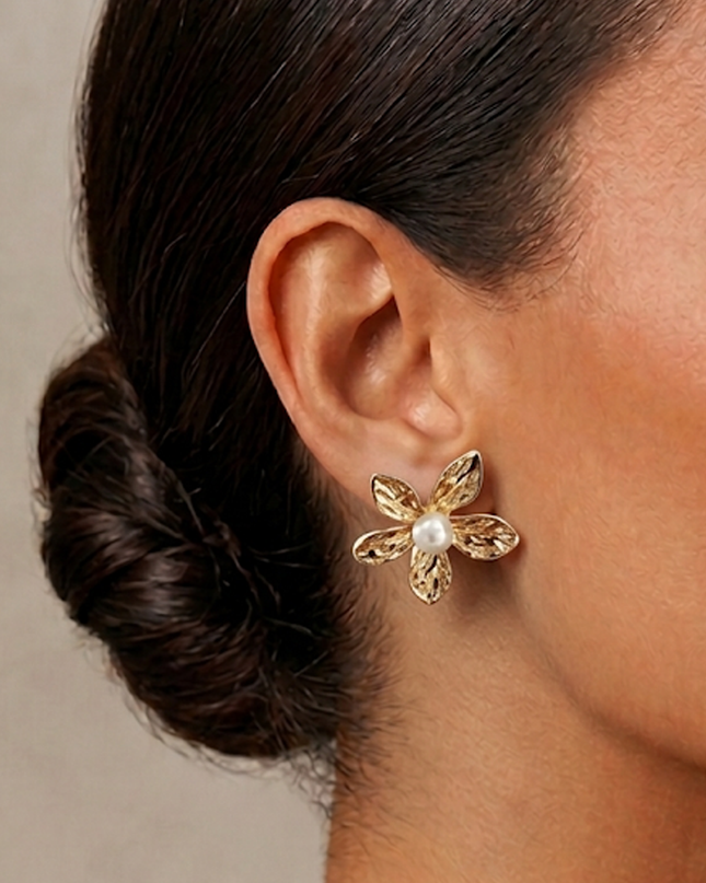 Gold Pearl Metal Floral Stud Earrings