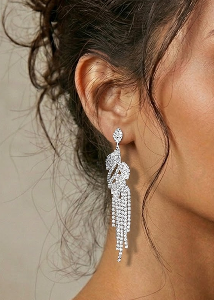Silver Crystal Leaf Drop Rhinestone Earrings