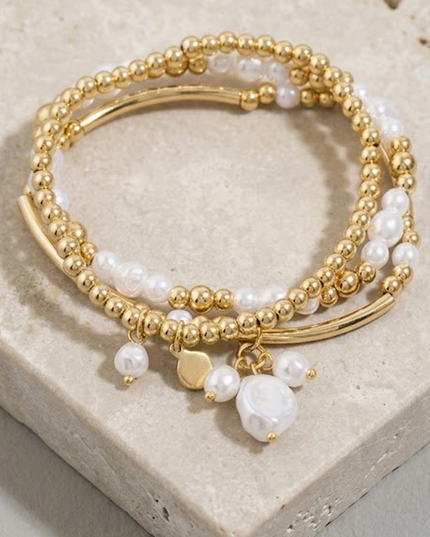 Gold Pearl And Gold Bead Layering Bracelet Set