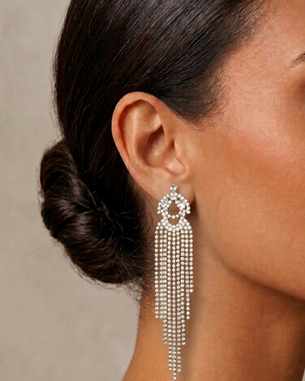 Silver Rhinestone Gold Fringe Post Back Earrings