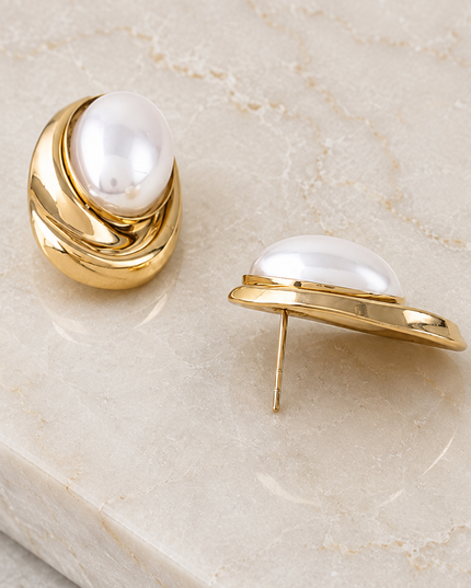 Gold Coral Ripple Pearl Stone Earrings