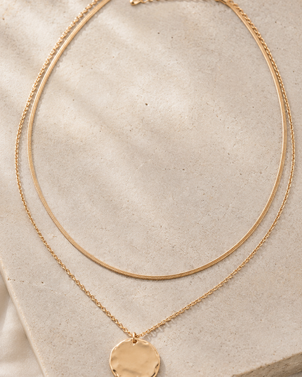 Gold Double Hammered Pendant Chain Necklace