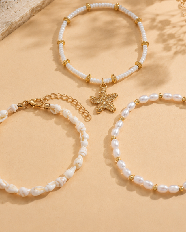 White Charm 3 Piece Anklet Set