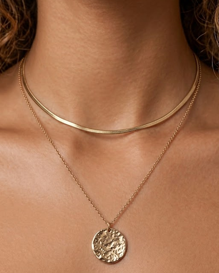 Gold Double Hammered Pendant Chain Necklace