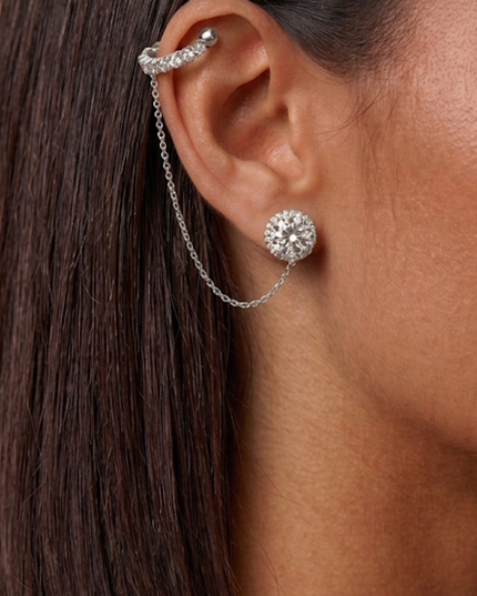 Silver Rhinestone Stud Chain Link Cuff Earring