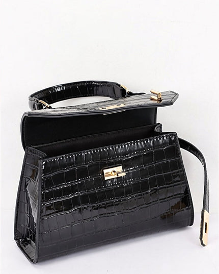 Black Faux Croc Top Handle Crossbody Bag