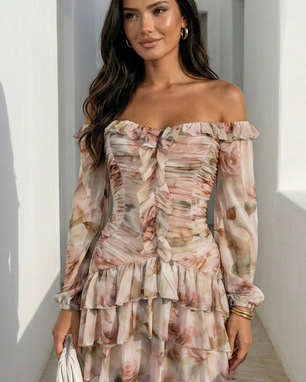 Beige Multi Floral Off Shoulder Ruffle Mini Dress