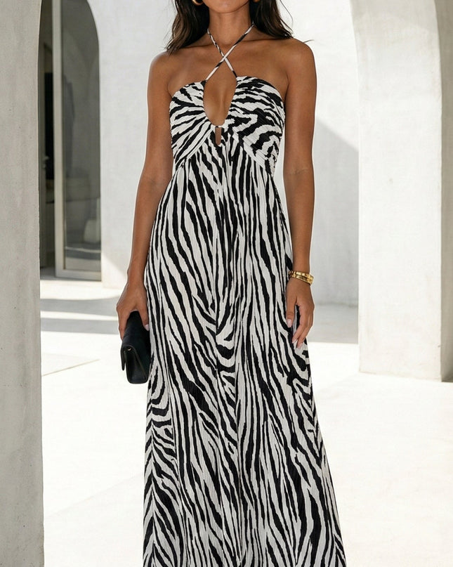 White Zebra Pleated Halter Maxi Dress