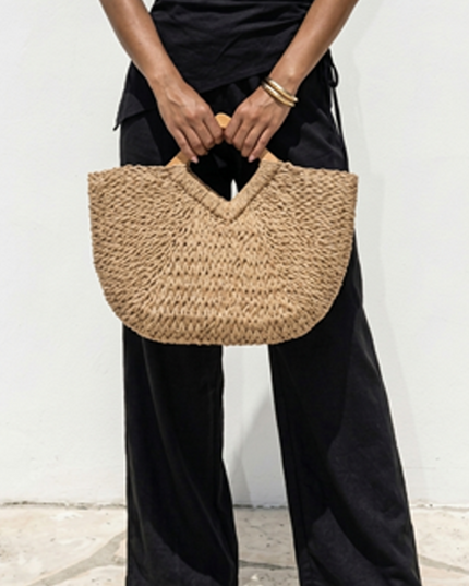 Beige Faux Straw Wood Handle Tote Bag