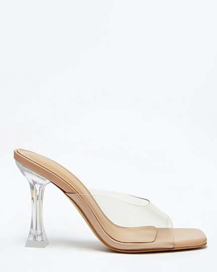 Beige Clear Strap Mule Heels