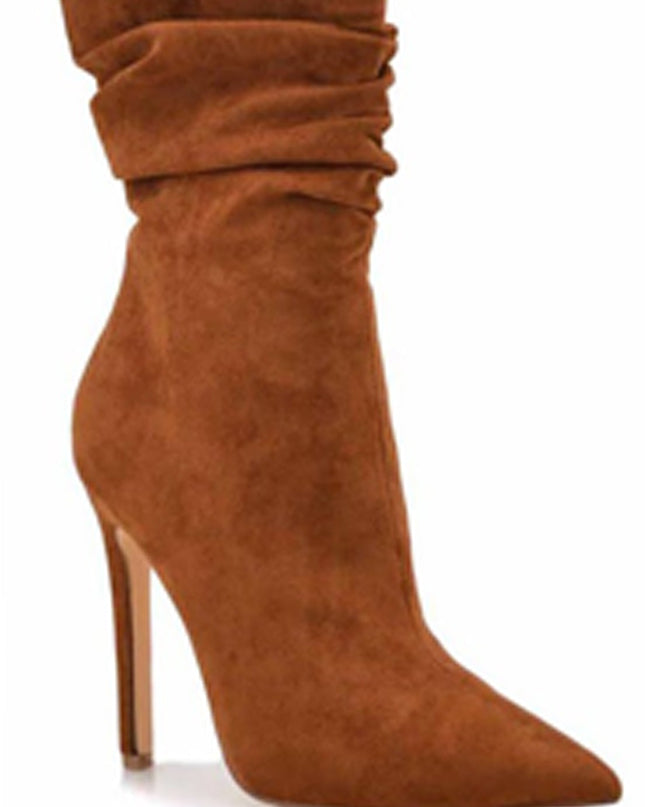 Brown Side Zipper Suede Pointy Toe High Heel Booties