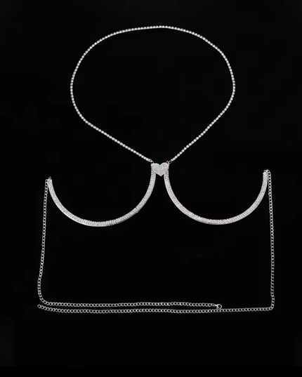 Silver Heart Crystal Bra Chain