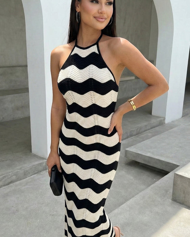 Cream Beige Knit Halter Maxi Dress